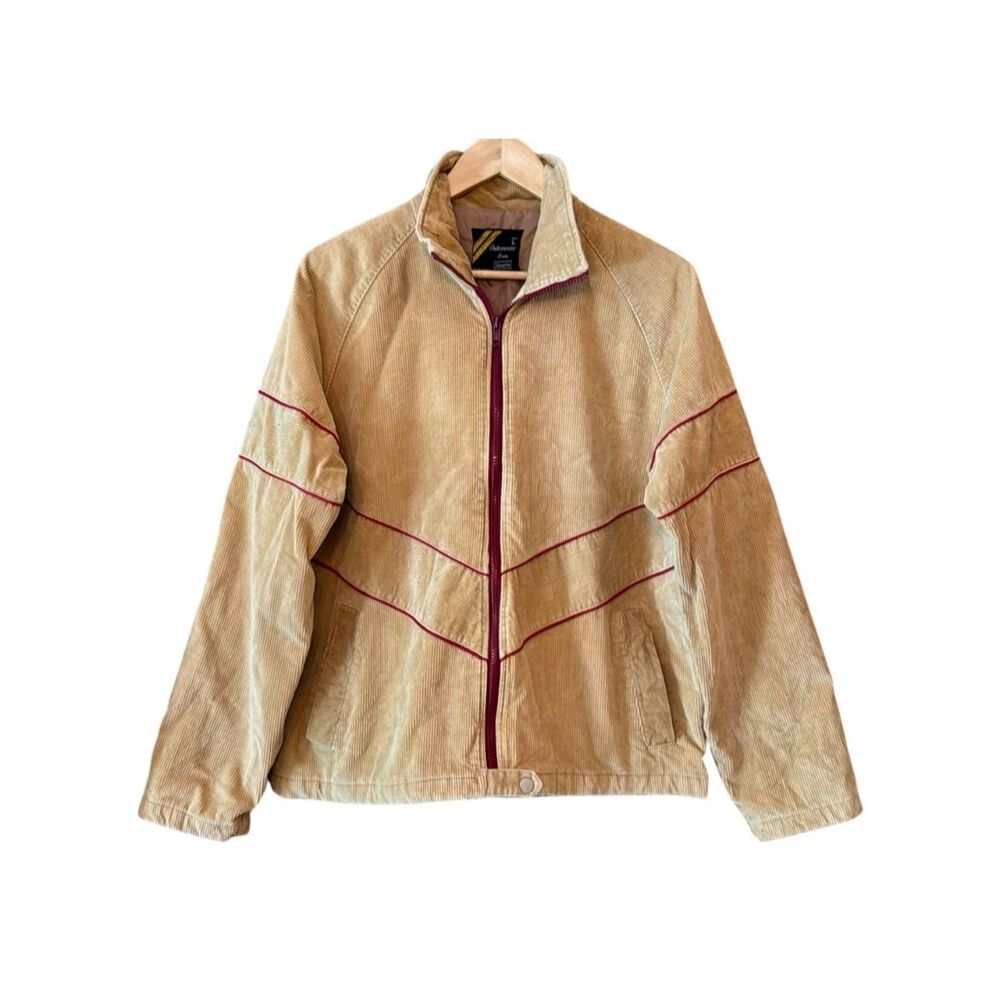SEARS Outerwear Vintage Tan Corduroy Zip Jacket With Chevron Seam Detail & Burgu